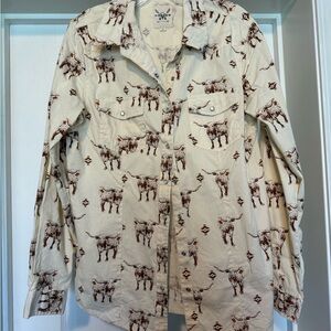 Women's Cream Button Down Shirt with Brown Print